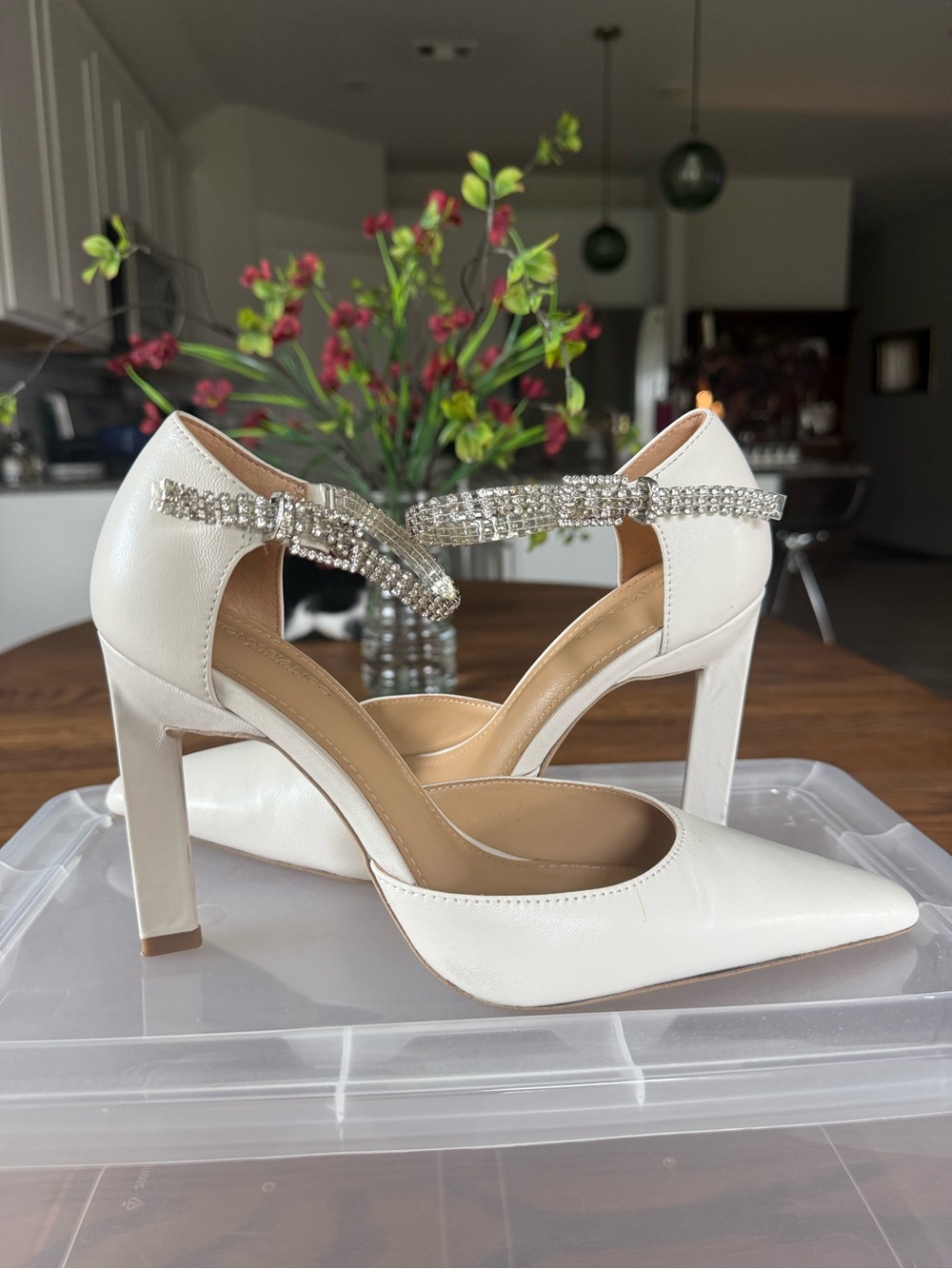 Tony Bianco White Pointed Toe High Heels with Rhinestone Ankle Strap